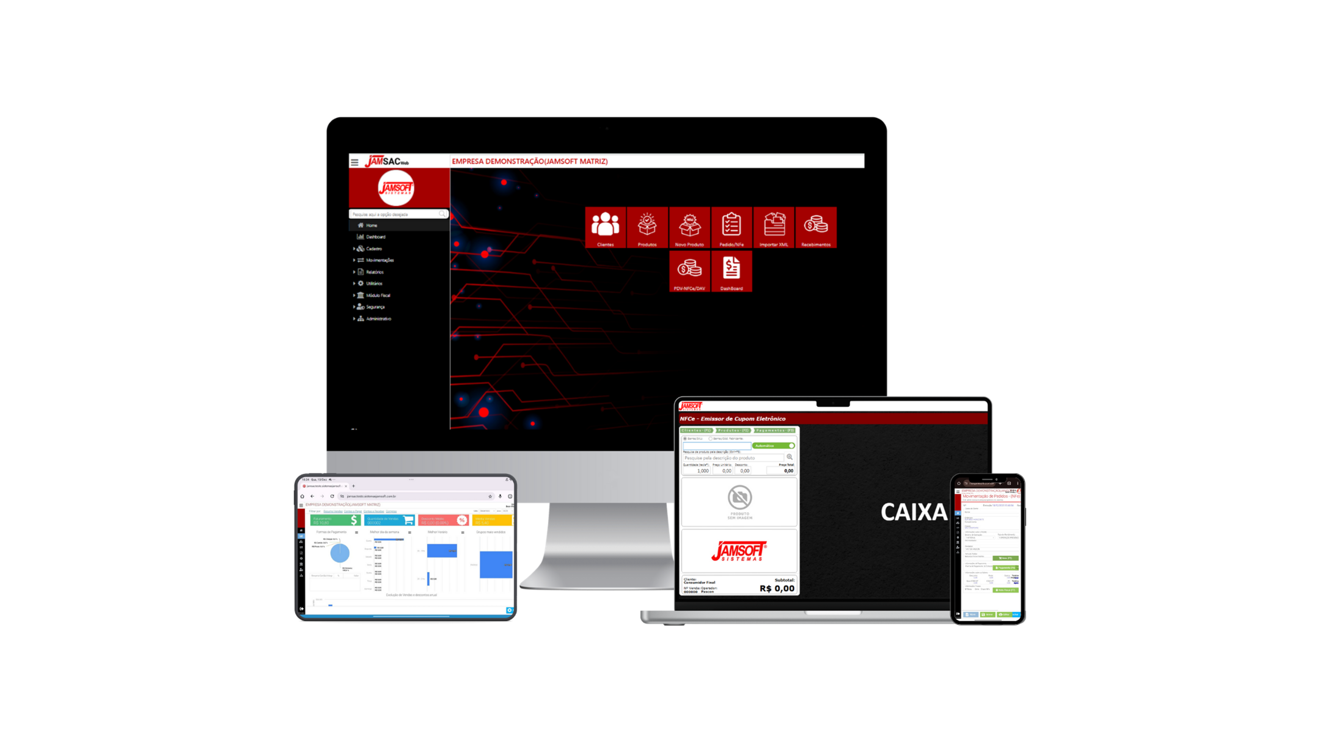 Dispositivos com dashboard do JAMSAC WEB - Monitor, iPad, iPhone e MacBook